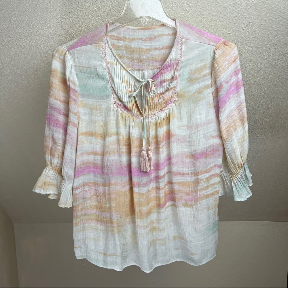 ZAC & RACHEL Pastel Striped Tie with Tassels and Tucks on Bodice Top